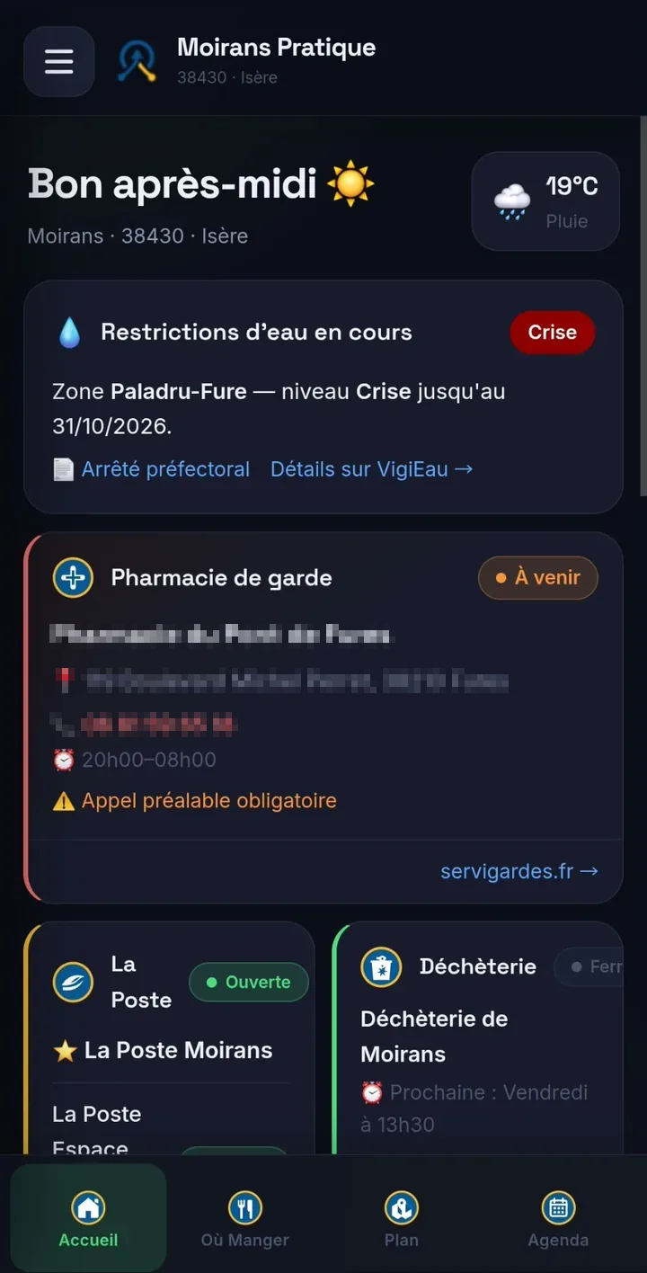 Accueil de Moirans Pratique : météo, restrictions d'eau, pharmacie de garde